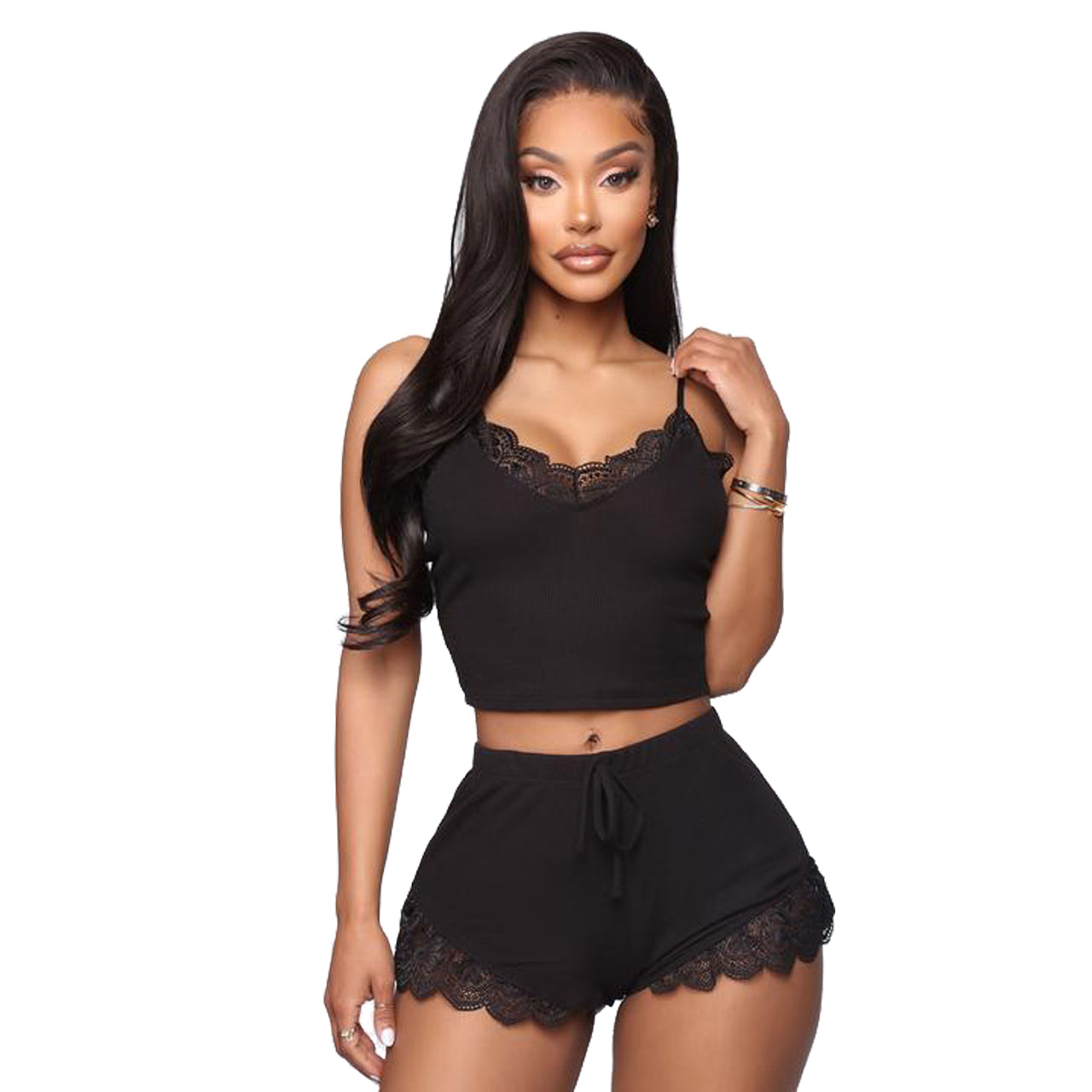 Q761 Custom Logo Ladies Two Piece Sleepwear Set Lace Crop Top Sexy Lounge Wear Women's Sleepwear Sets