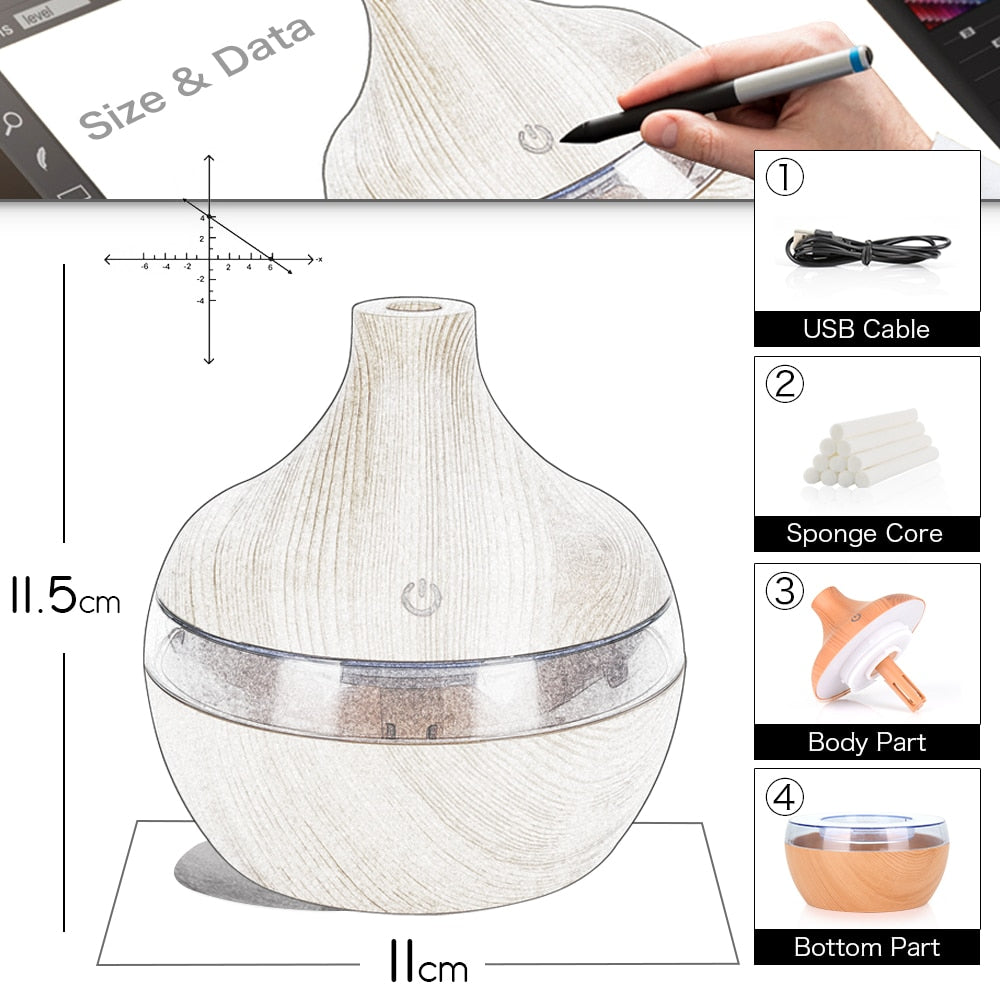 300ML USB Air Humidifier Electric Aroma Diffuser Mist Wood Grain Oil Aromatherapy Mini Have 7 LED Light For Car Home Office