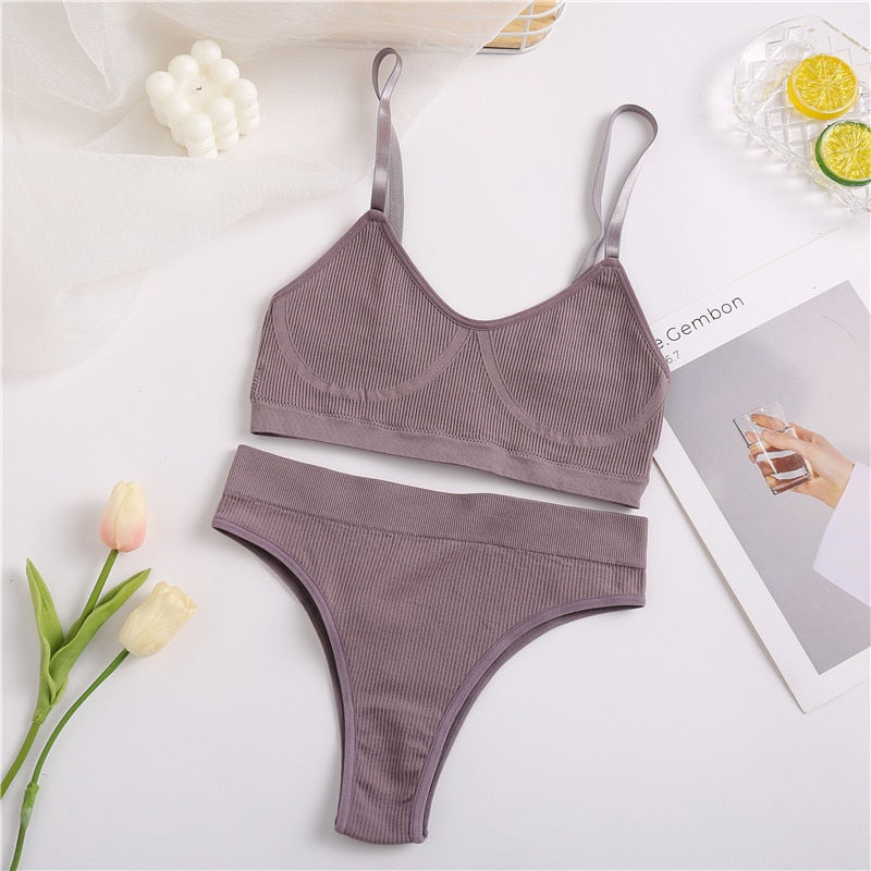 FINETOO Seamless Tanks Tops Panties Set Female Underwear Wireless Bra Crop Top Women Low-rise Underpants Soft Bralette Lingerie