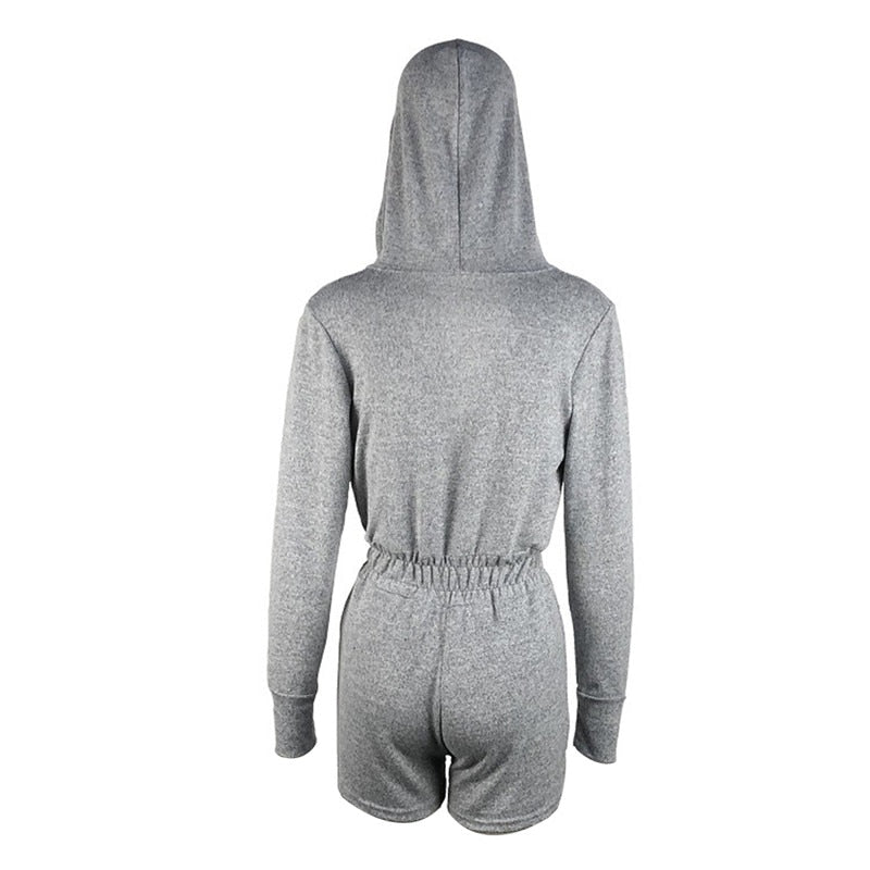Women Long Sleeve Hooded Jumpsuit Autumn Casual Zipper Solid Color Jumpsuit for Sports Daily Wear Casual Long Sleeve Bodysuit