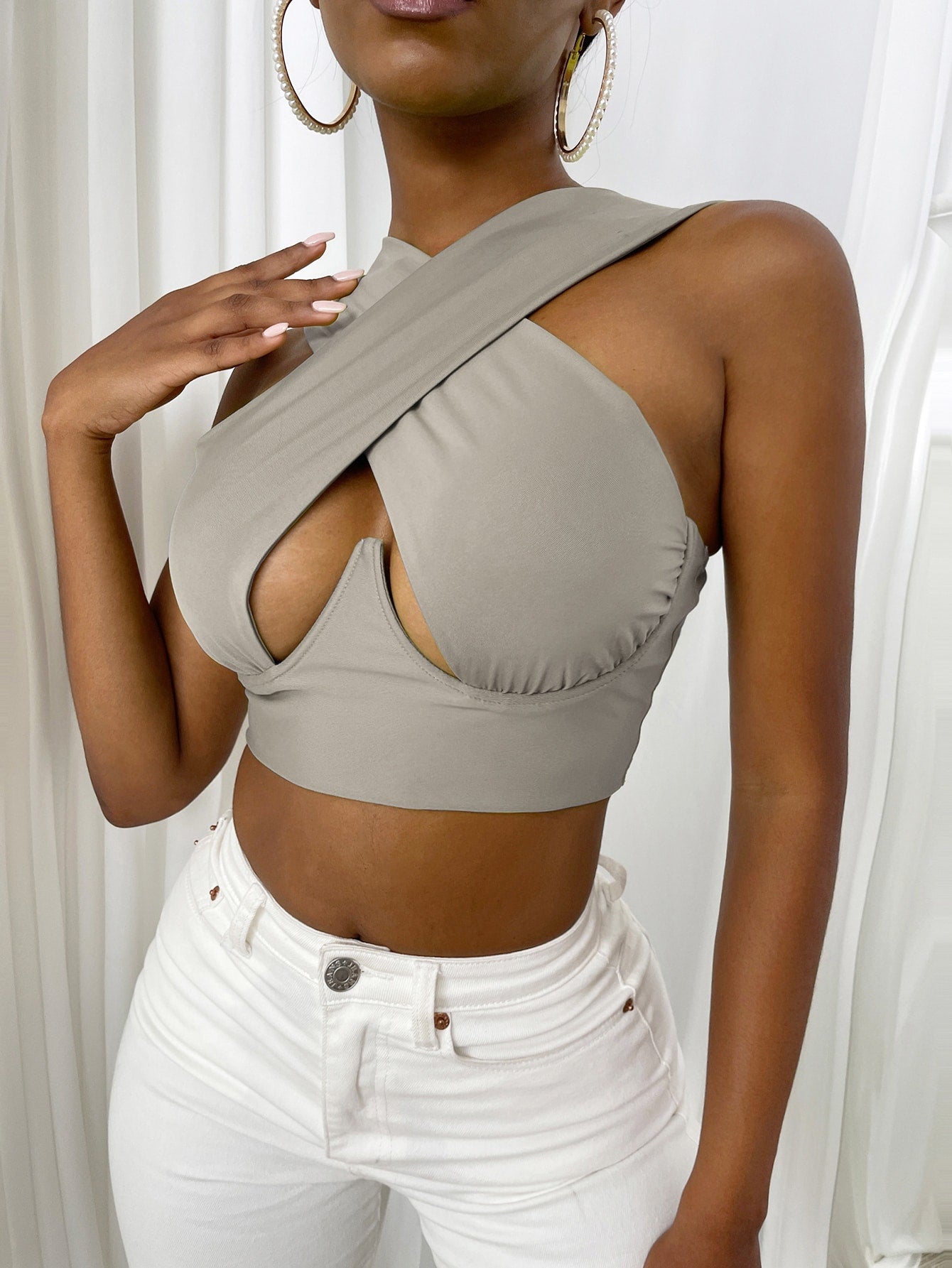 Women's Criss Cross Tank Tops Sexy Sleeveless Solid Color Cutout Front Crop Tops Party Club Streetwear Summer Lady Bustier Tops