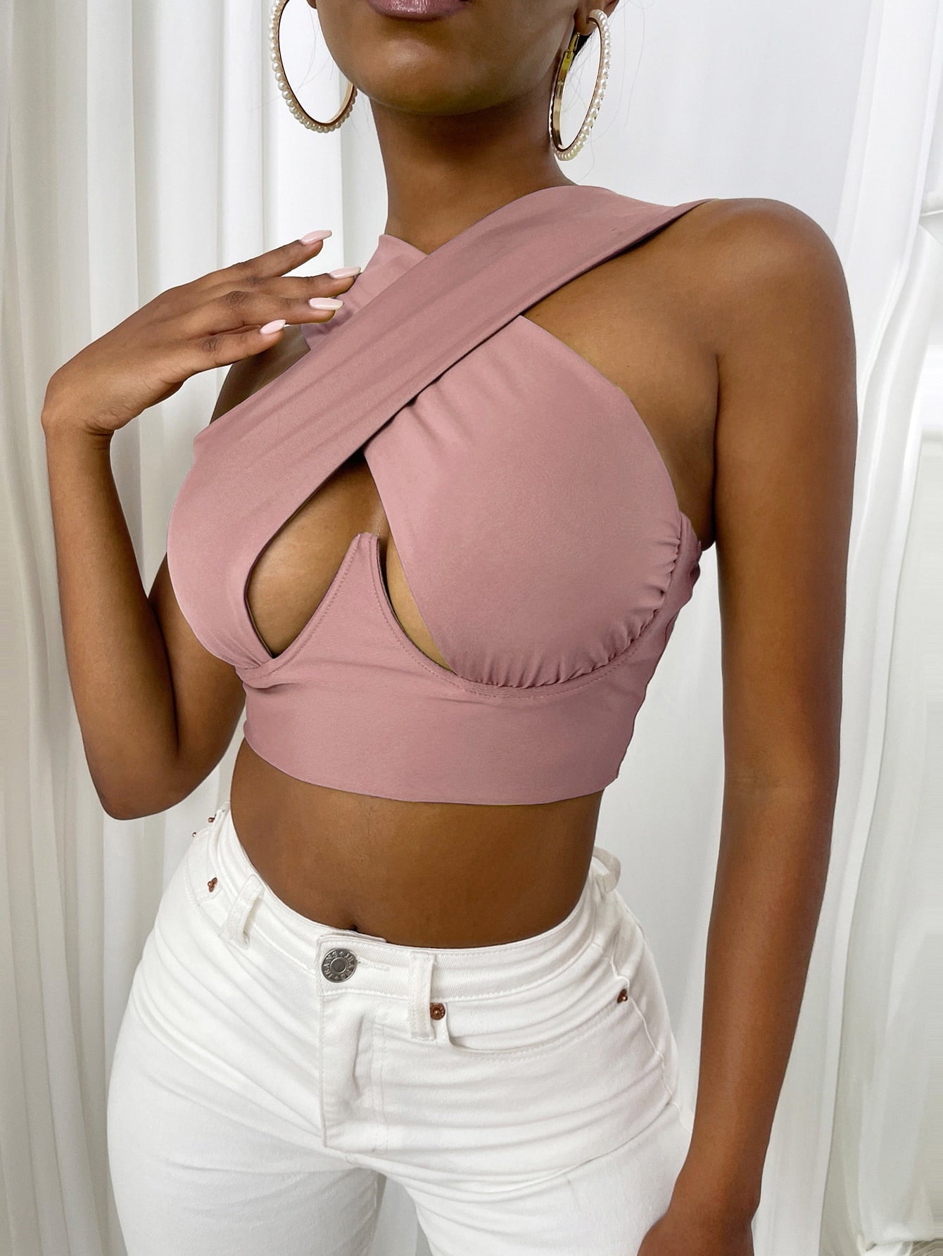 Women's Criss Cross Tank Tops Sexy Sleeveless Solid Color Cutout Front Crop Tops Party Club Streetwear Summer Lady Bustier Tops