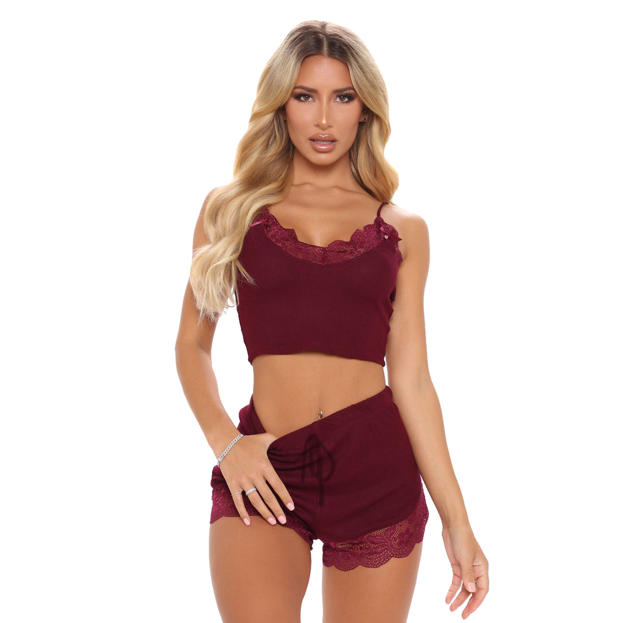 Q761 Custom Logo Ladies Two Piece Sleepwear Set Lace Crop Top Sexy Lounge Wear Women's Sleepwear Sets