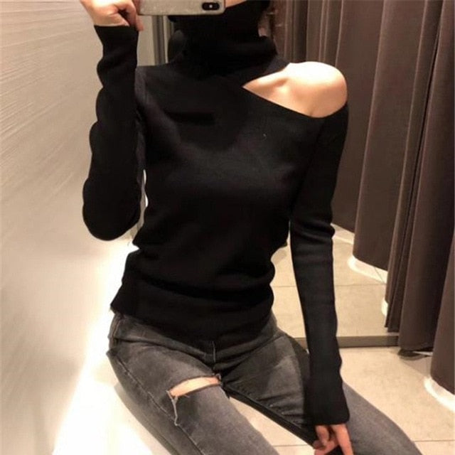 Knitted Sweater Off Shoulder Pullovers Sweater for Women Long Sleeve Turtleneck Female Jumper Black White Sexy Clothing New 2020