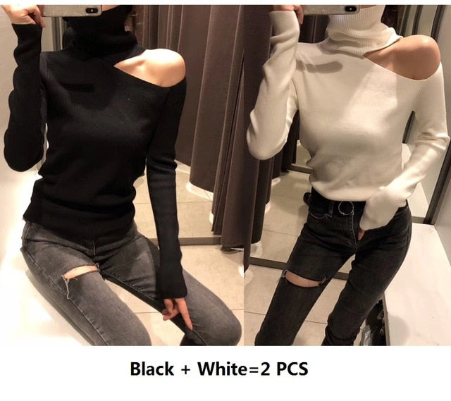 Knitted Sweater Off Shoulder Pullovers Sweater for Women Long Sleeve Turtleneck Female Jumper Black White Sexy Clothing New 2020
