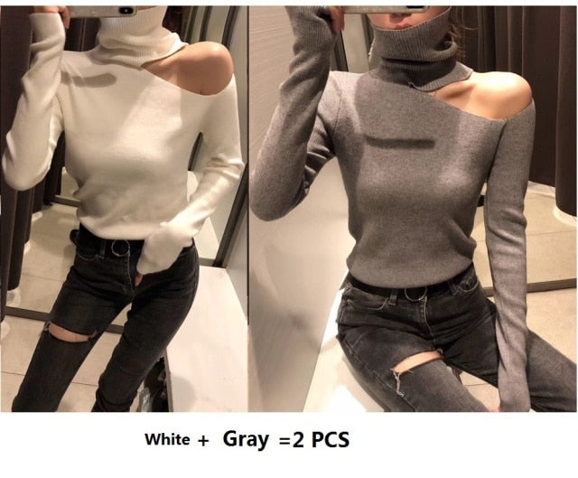 Knitted Sweater Off Shoulder Pullovers Sweater for Women Long Sleeve Turtleneck Female Jumper Black White Sexy Clothing New 2020