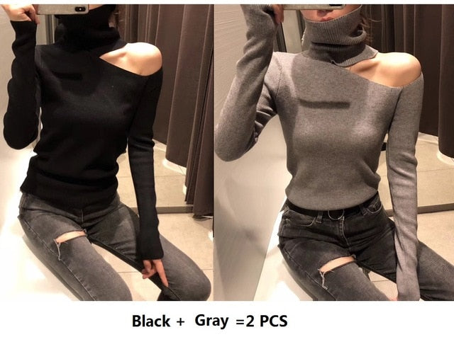 Knitted Sweater Off Shoulder Pullovers Sweater for Women Long Sleeve Turtleneck Female Jumper Black White Sexy Clothing New 2020