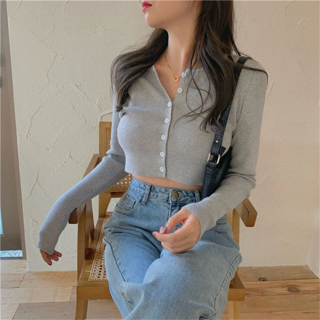 Korean Style O-neck Short Knitted Sweaters Women Thin Cardigan Fashion Sleeve Sun Protection Crop Top Ropa Mujer