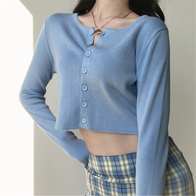 Korean Style O-neck Short Knitted Sweaters Women Thin Cardigan Fashion Sleeve Sun Protection Crop Top Ropa Mujer