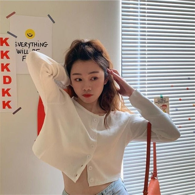 Korean Style O-neck Short Knitted Sweaters Women Thin Cardigan Fashion Sleeve Sun Protection Crop Top Ropa Mujer