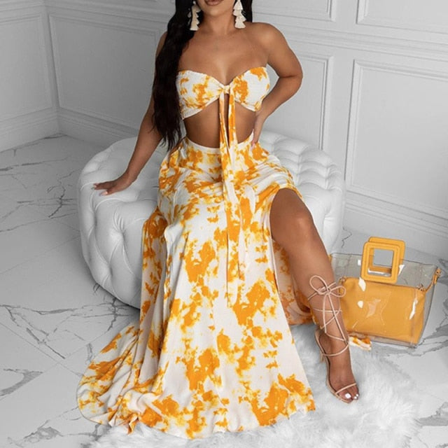 Summer 2021 Women Sexy Slim Two Piece Set Off Shoulder Split Floral Print Crop Tops And Long Skirt Suit Lady Elegant 2 Piece Set