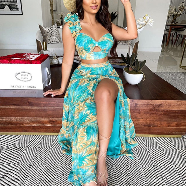 Summer 2021 Women Sexy Slim Two Piece Set Off Shoulder Split Floral Print Crop Tops And Long Skirt Suit Lady Elegant 2 Piece Set