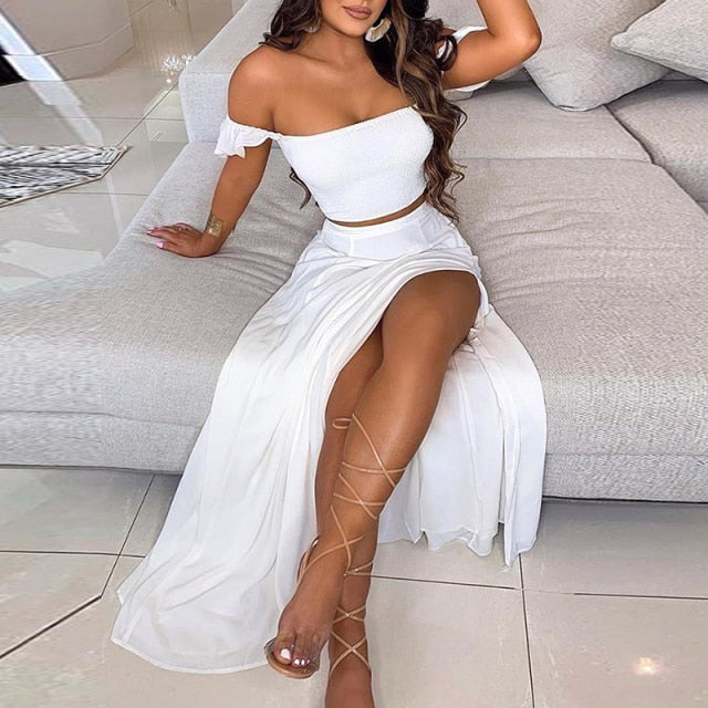 Summer 2021 Women Sexy Slim Two Piece Set Off Shoulder Split Floral Print Crop Tops And Long Skirt Suit Lady Elegant 2 Piece Set
