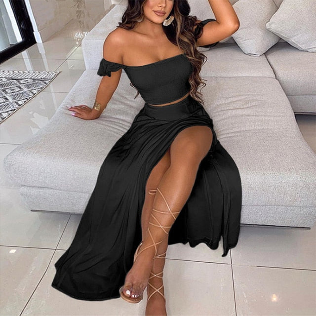 Summer 2021 Women Sexy Slim Two Piece Set Off Shoulder Split Floral Print Crop Tops And Long Skirt Suit Lady Elegant 2 Piece Set