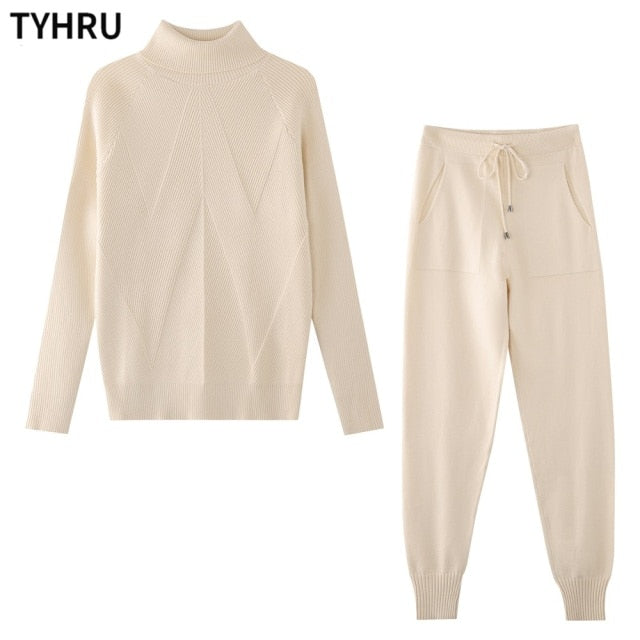 TYHRU Autumn Winter Women's tracksuit Solid Color Striped Turtleneck Sweater and Elastic Trousers Suits Knitted Two Piece Set