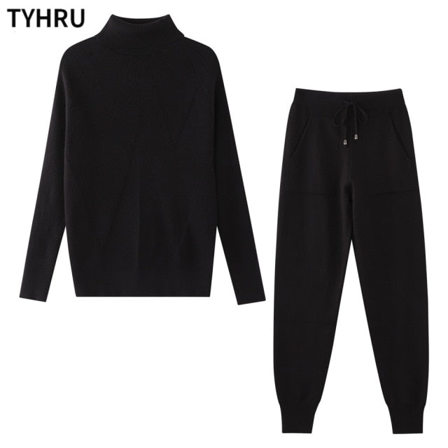 TYHRU Autumn Winter Women's tracksuit Solid Color Striped Turtleneck Sweater and Elastic Trousers Suits Knitted Two Piece Set