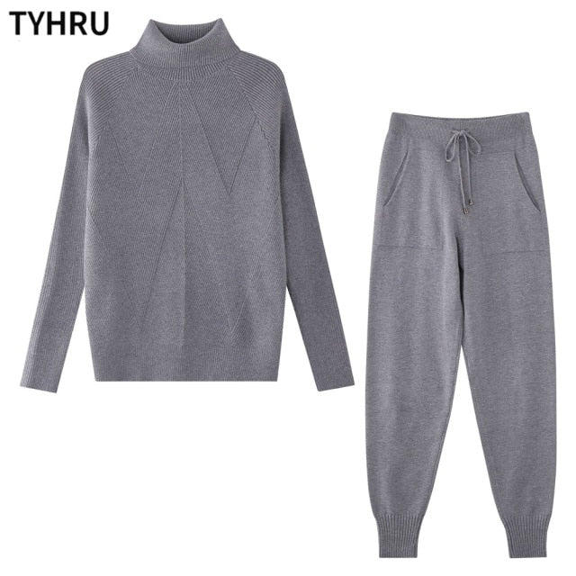 TYHRU Autumn Winter Women's tracksuit Solid Color Striped Turtleneck Sweater and Elastic Trousers Suits Knitted Two Piece Set