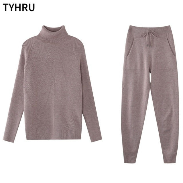 TYHRU Autumn Winter Women's tracksuit Solid Color Striped Turtleneck Sweater and Elastic Trousers Suits Knitted Two Piece Set