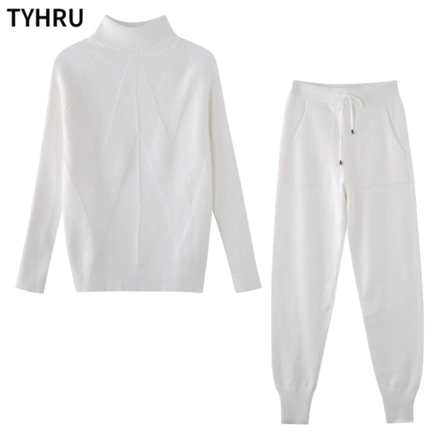 TYHRU Autumn Winter Women's tracksuit Solid Color Striped Turtleneck Sweater and Elastic Trousers Suits Knitted Two Piece Set