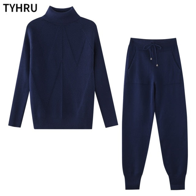 TYHRU Autumn Winter Women's tracksuit Solid Color Striped Turtleneck Sweater and Elastic Trousers Suits Knitted Two Piece Set