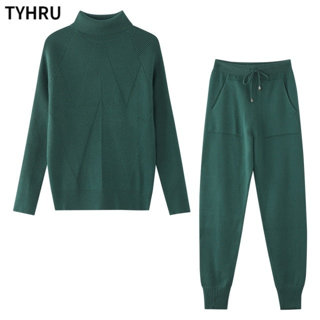 TYHRU Autumn Winter Women's tracksuit Solid Color Striped Turtleneck Sweater and Elastic Trousers Suits Knitted Two Piece Set
