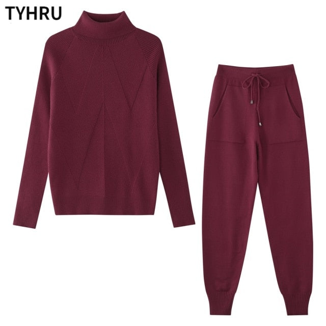 TYHRU Autumn Winter Women's tracksuit Solid Color Striped Turtleneck Sweater and Elastic Trousers Suits Knitted Two Piece Set