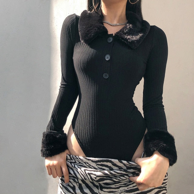 Gerippte Strickjacke mit Kunst-Pelzbesatz Kragen