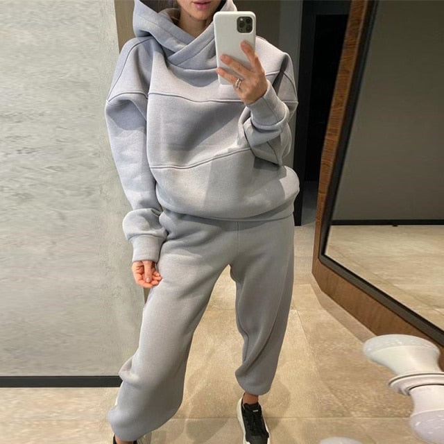Women Elegant Solid Sets For Women Warm Hoodie Sweatshirts And Long Pant Fashion Two Piece Sets Ladies