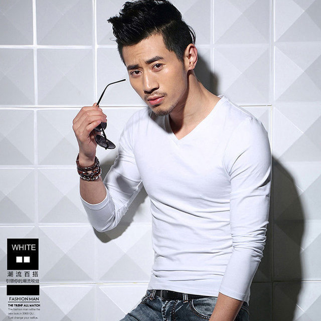 Lycra Cotton Men's T-Shirts Long Sleeve V Neck T Shirt 2022 MRMT Men Cotton T-Shirt Solid Color Slim Tight Man T Shirt For Male