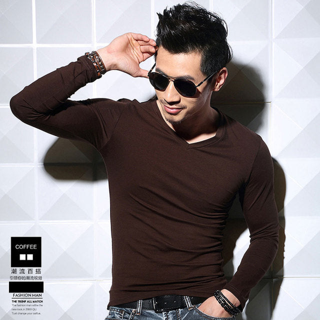 Lycra Cotton Men's T-Shirts Long Sleeve V Neck T Shirt 2022 MRMT Men Cotton T-Shirt Solid Color Slim Tight Man T Shirt For Male