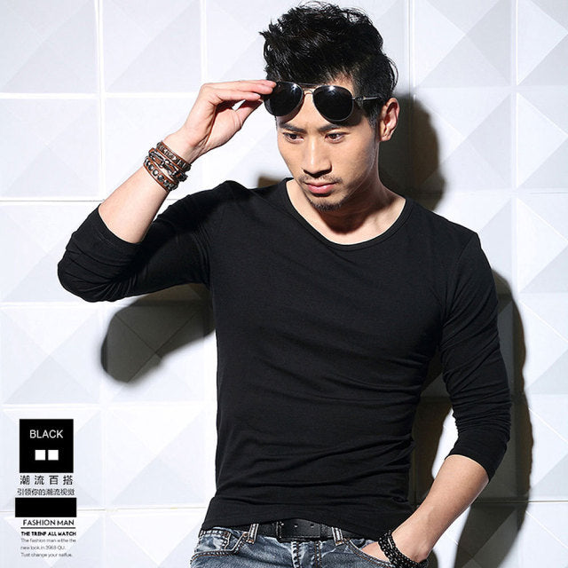 Lycra Cotton Men's T-Shirts Long Sleeve V Neck T Shirt 2022 MRMT Men Cotton T-Shirt Solid Color Slim Tight Man T Shirt For Male