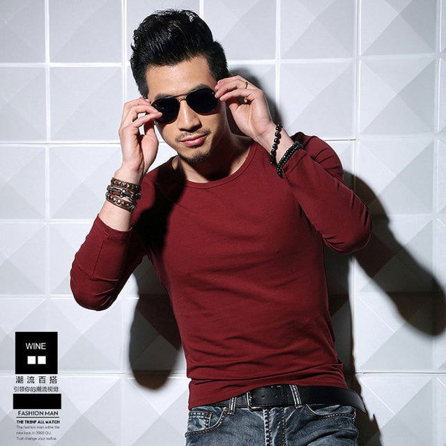 Lycra Cotton Men's T-Shirts Long Sleeve V Neck T Shirt 2022 MRMT Men Cotton T-Shirt Solid Color Slim Tight Man T Shirt For Male