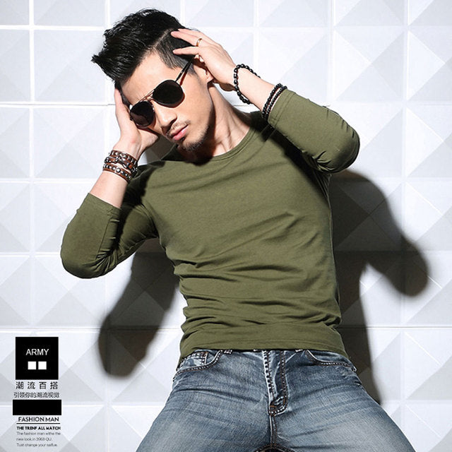 Lycra Cotton Men's T-Shirts Long Sleeve V Neck T Shirt 2022 MRMT Men Cotton T-Shirt Solid Color Slim Tight Man T Shirt For Male