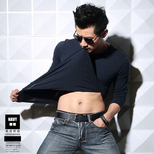 Lycra Cotton Men's T-Shirts Long Sleeve V Neck T Shirt 2022 MRMT Men Cotton T-Shirt Solid Color Slim Tight Man T Shirt For Male