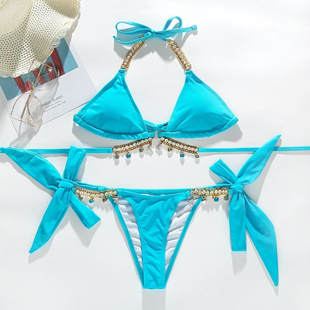 In-X Shiny diamond bikini 2021 Sexy push up halter swimsuit female crystal swimwear women Brazilian biquini Bathing suit new
