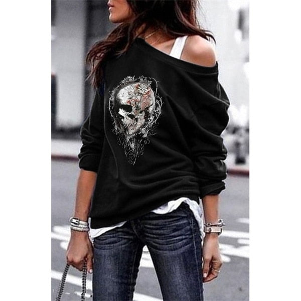 Yskkt Women's Pullover Sweatshirt Heart Printed Long Sleeve One Shoulder Tops Autumn Winter Sweat Shirts Woman Casual Top