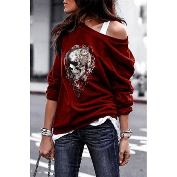 Yskkt Women's Pullover Sweatshirt Heart Printed Long Sleeve One Shoulder Tops Autumn Winter Sweat Shirts Woman Casual Top