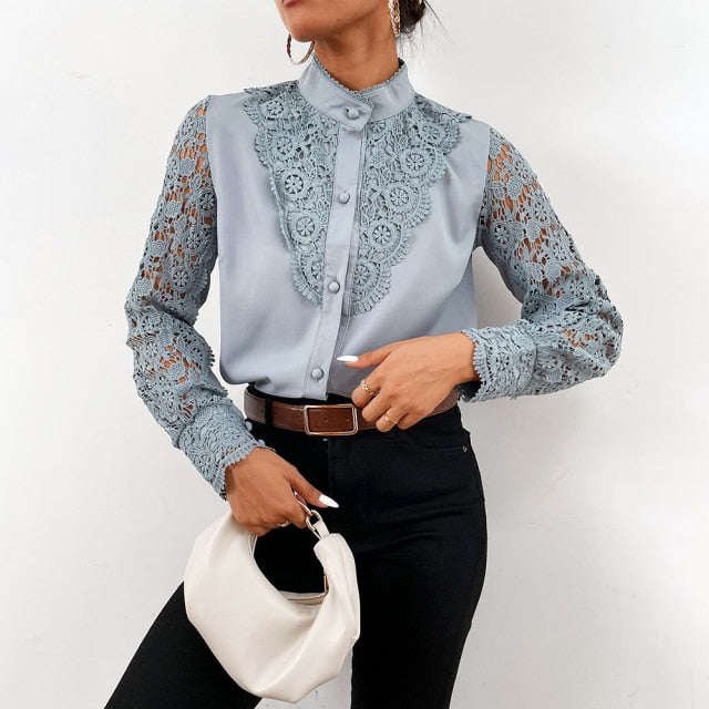 Women Sexy Lace Patchwork Hollow Out Shirt Blouse Long Sleeve O-Neck Mesh Design Tops 2022 Spring White Vintage Button Shirts