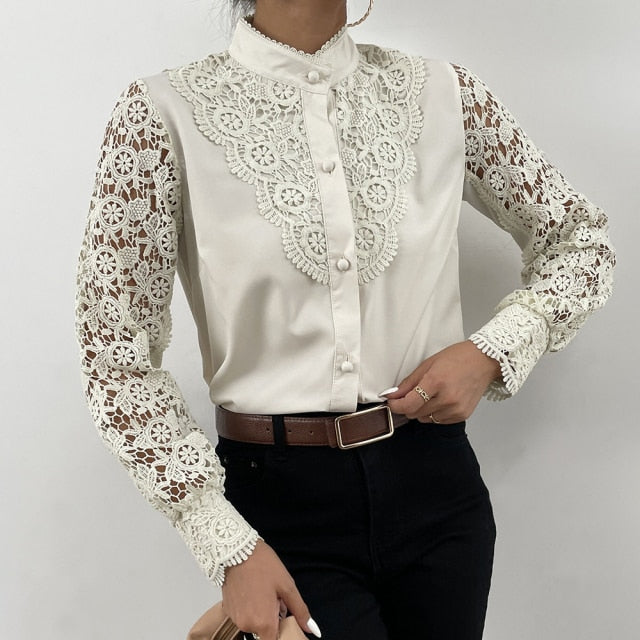 Women Sexy Lace Patchwork Hollow Out Shirt Blouse Long Sleeve O-Neck Mesh Design Tops 2022 Spring White Vintage Button Shirts