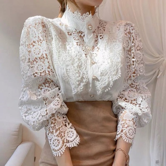 Women Sexy Lace Patchwork Hollow Out Shirt Blouse Long Sleeve O-Neck Mesh Design Tops 2022 Spring White Vintage Button Shirts