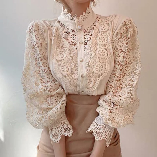 Women Sexy Lace Patchwork Hollow Out Shirt Blouse Long Sleeve O-Neck Mesh Design Tops 2022 Spring White Vintage Button Shirts