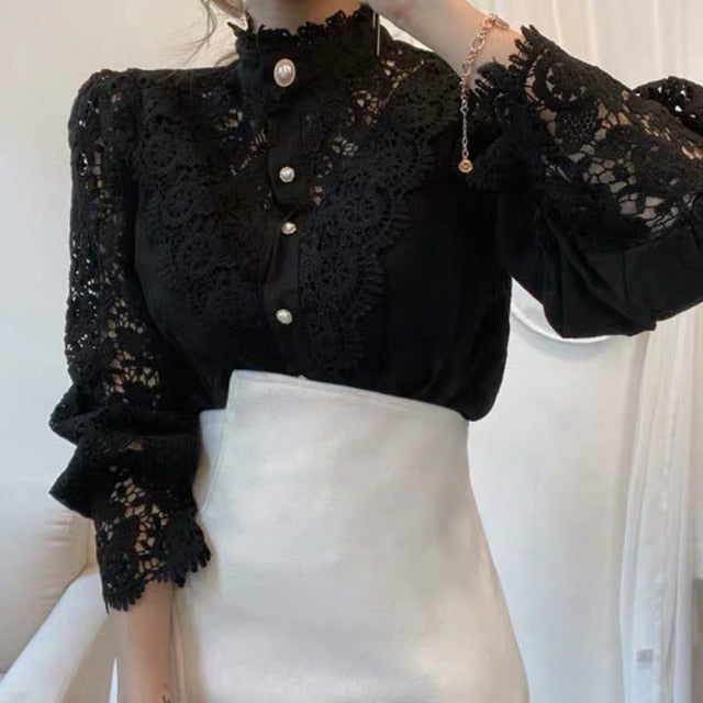 Women Sexy Lace Patchwork Hollow Out Shirt Blouse Long Sleeve O-Neck Mesh Design Tops 2022 Spring White Vintage Button Shirts