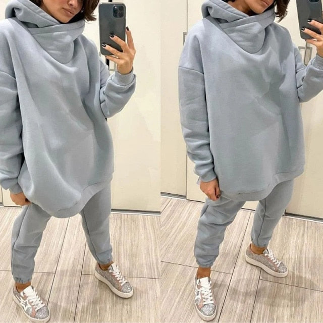 Women Elegant Solid Sets For Women Warm Hoodie Sweatshirts And Long Pant Fashion Two Piece Sets Ladies