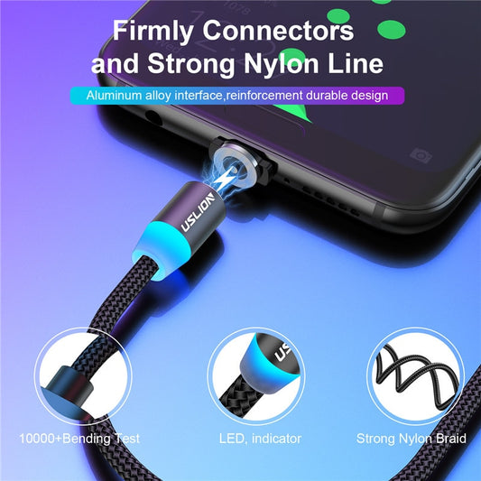 USLION Magnetic USB Cable For iPhone 12 11 Xiaomi Samsung Type C Cable LED Fast Charging Data Charge Micro USB Cable Cord Wire