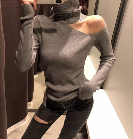 Knitted Sweater Off Shoulder Pullovers Sweater for Women Long Sleeve Turtleneck Female Jumper Black White Sexy Clothing New 2020