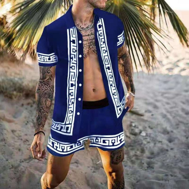 Men‘s Sets Short Sleeve Hawaiian Shirt And Shorts Summer Printing Casual Shirt Beach Two Piece Suit 2021 New Fashion Clothing