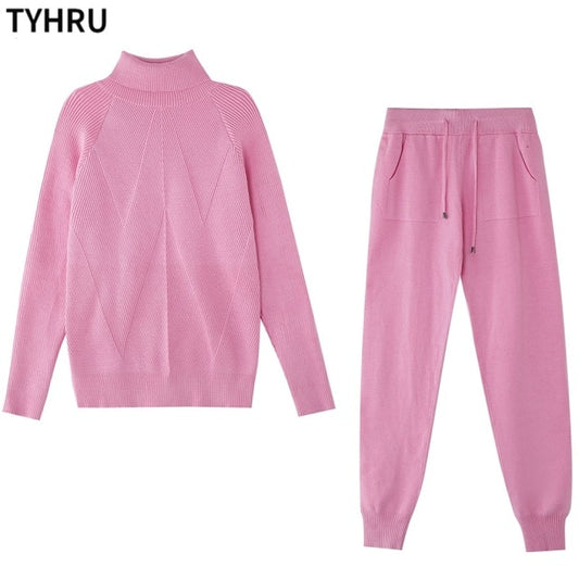 TYHRU Autumn Winter Women's tracksuit Solid Color Striped Turtleneck Sweater and Elastic Trousers Suits Knitted Two Piece Set