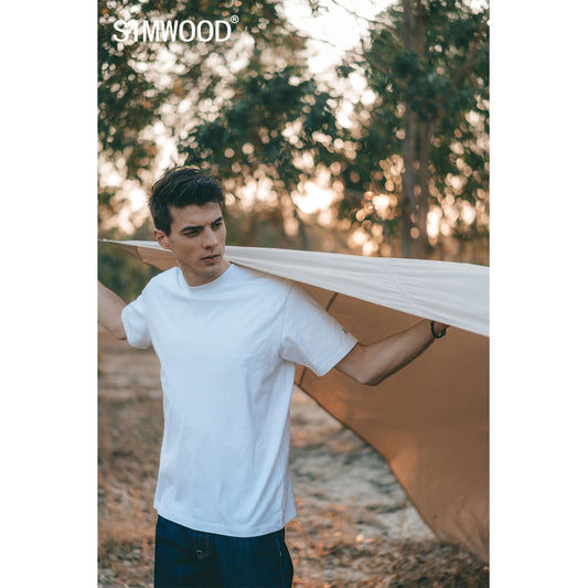 SIMWOOD 2022 Summer New 250g 100% Cotton Fabric T-shirt Men High Quality Solid Color Drop Sleeve Loose Tshirts Oversize Tops