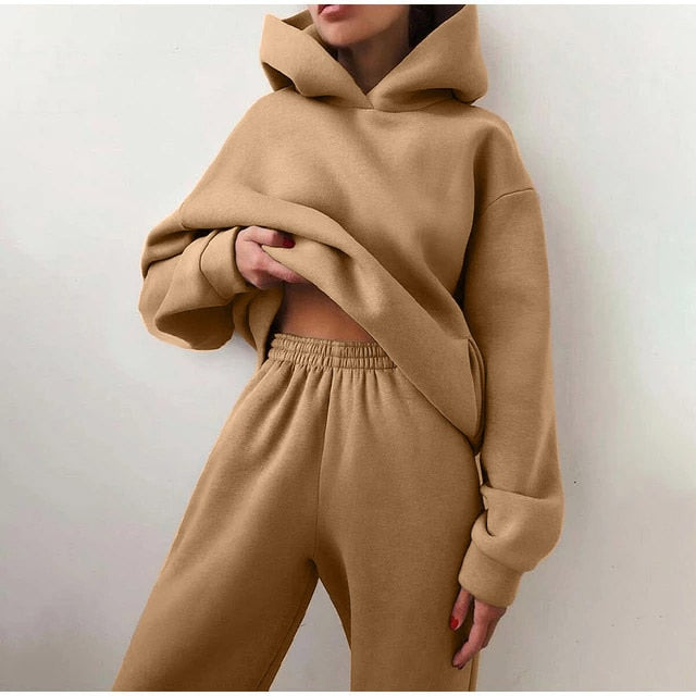 Women Solid Fleece Tracksuit And Hooded Jogger Pants Two Piece Set 2021 Autumn Winter Female Oversized Casual Sportswear Suit