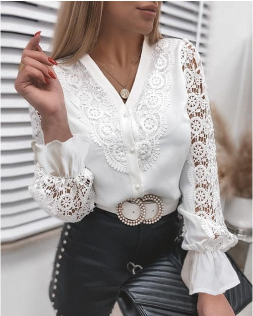 Women Sexy Lace Patchwork Hollow Out Shirt Blouse Long Sleeve O-Neck Mesh Design Tops 2022 Spring White Vintage Button Shirts